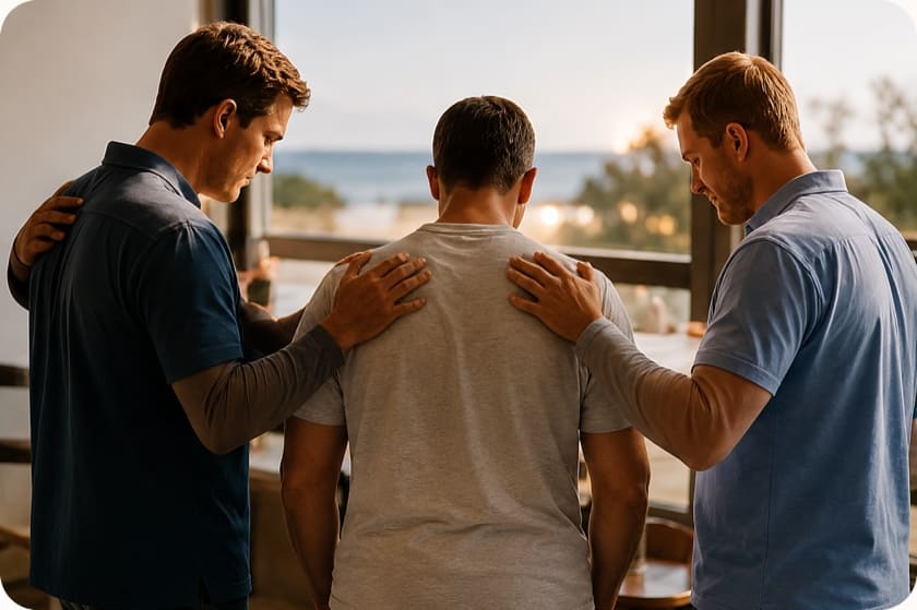Friends praying together with hands on one another's shoulders