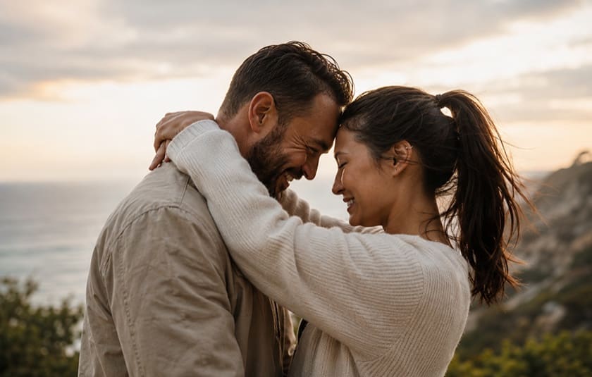A couple embracing at sunset on the coast