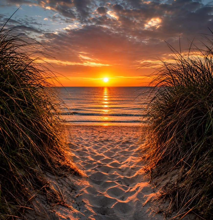 A golden sunset over the ocean framed by dune grass along a sandy beach path