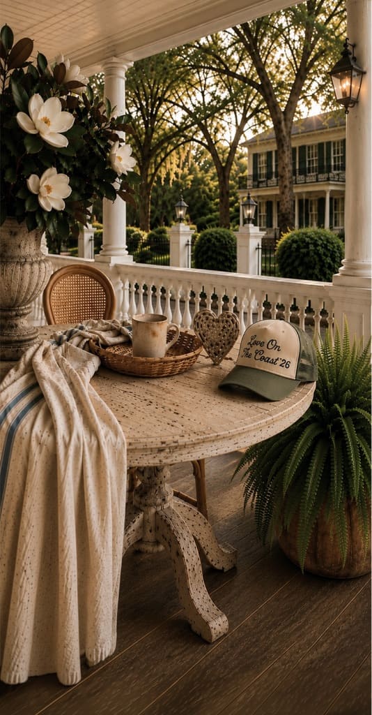 A coastal Charleston porch set for the Love on the Coast retreat