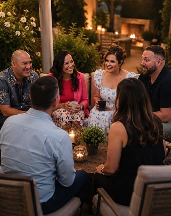 Couples gathered around a table at an evening dinner.