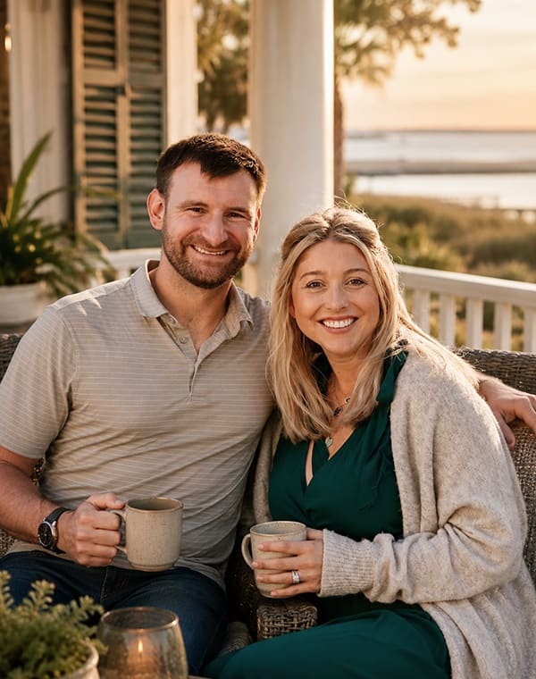 A smiling couple together on a porch overlooking the water.
