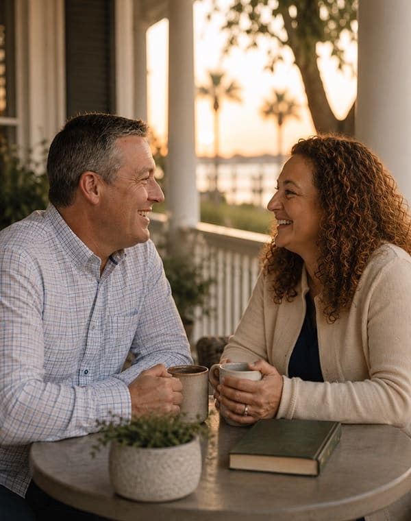 A couple talking together on a porch by the water.